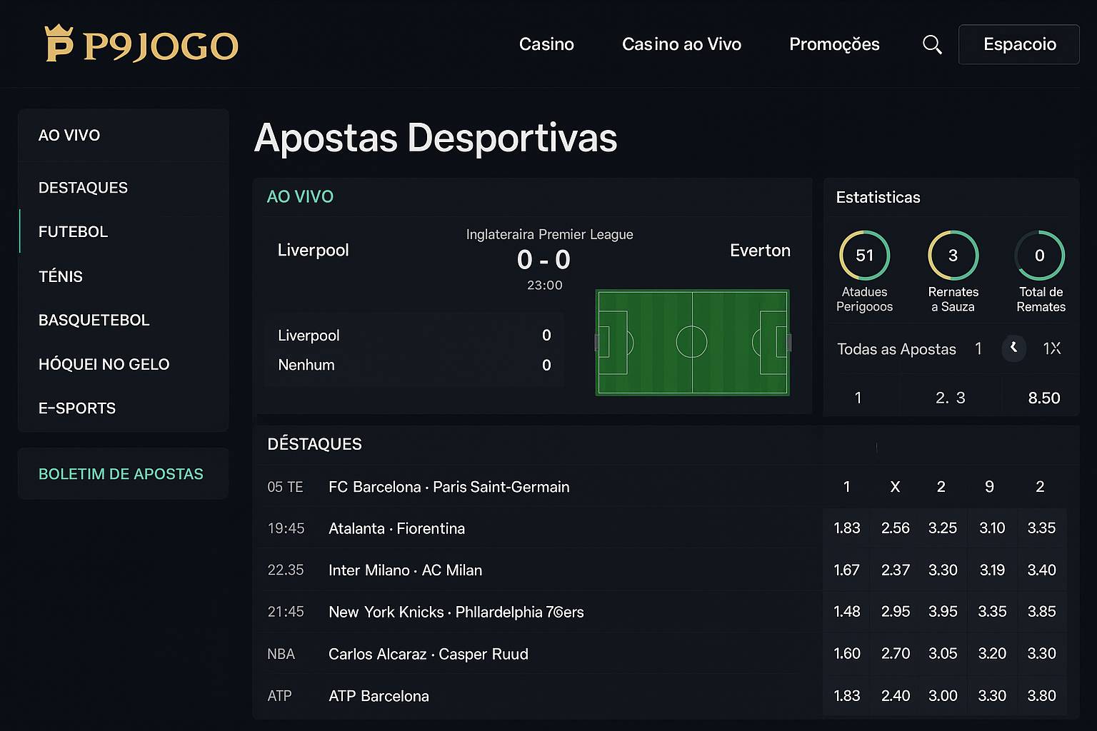 Apostas esportivas no cassino online P9JOGO